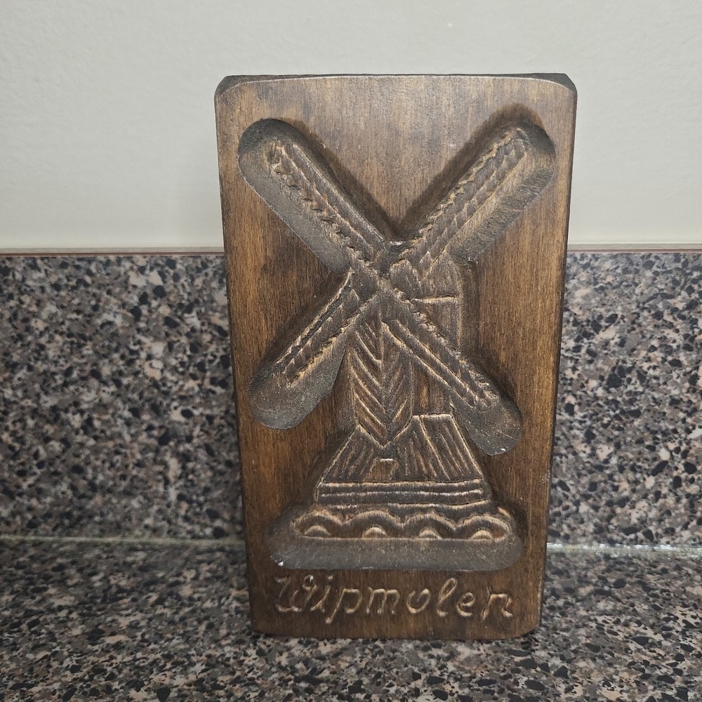 Vintage Hand Carved Dutch‎ Wood Cookie Mold Windmill Wipmolen Speculaas Board